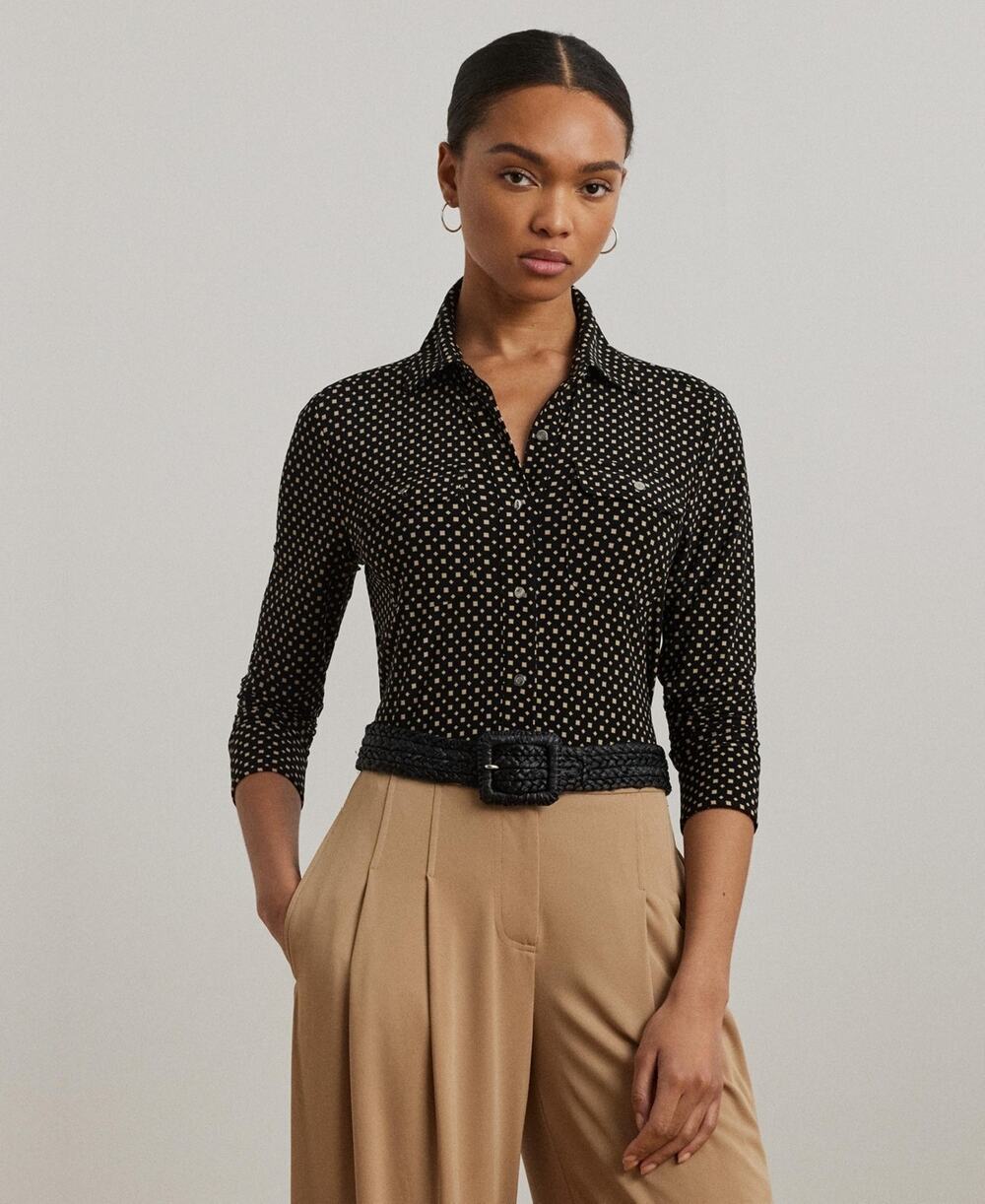 Lauren Ralph Lauren Women's Slim-Fit Geo-Print Jersey Shirt Black Szie XL 0696